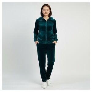 Melini Womens Forest Green Velour Tracksuit Set Full Zip Hoodie and Joggers M
